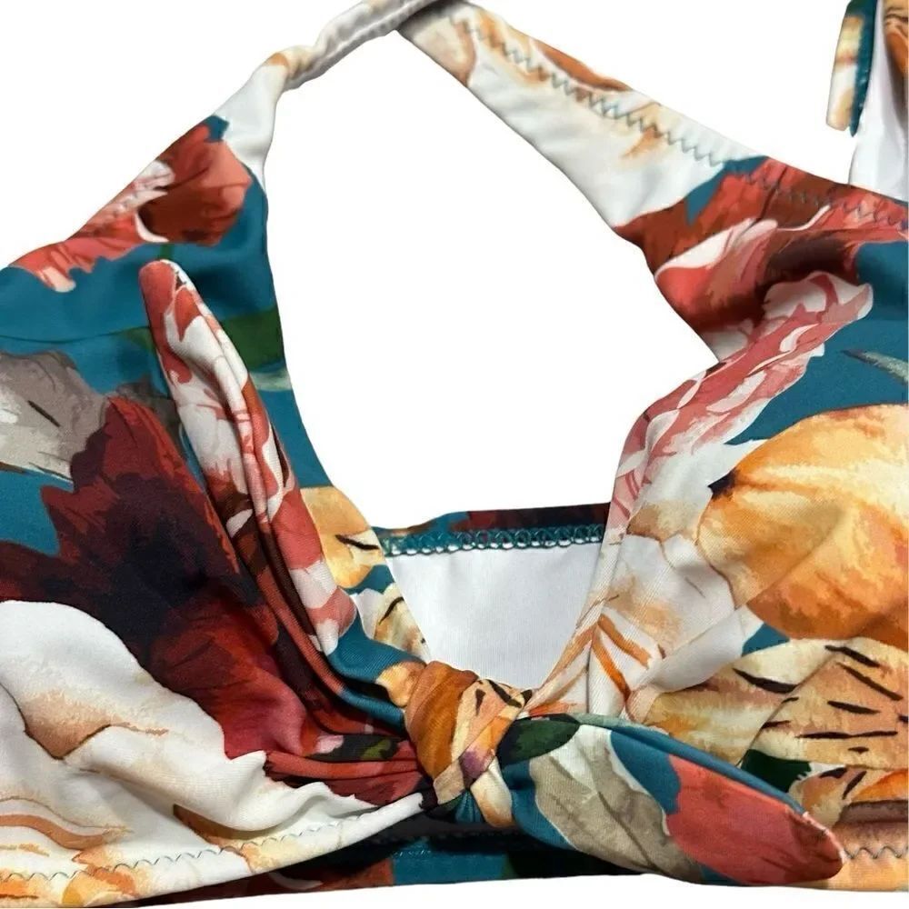 Rust Color & Floral Longline Bikini Size Medium - Picture 3 of 7
